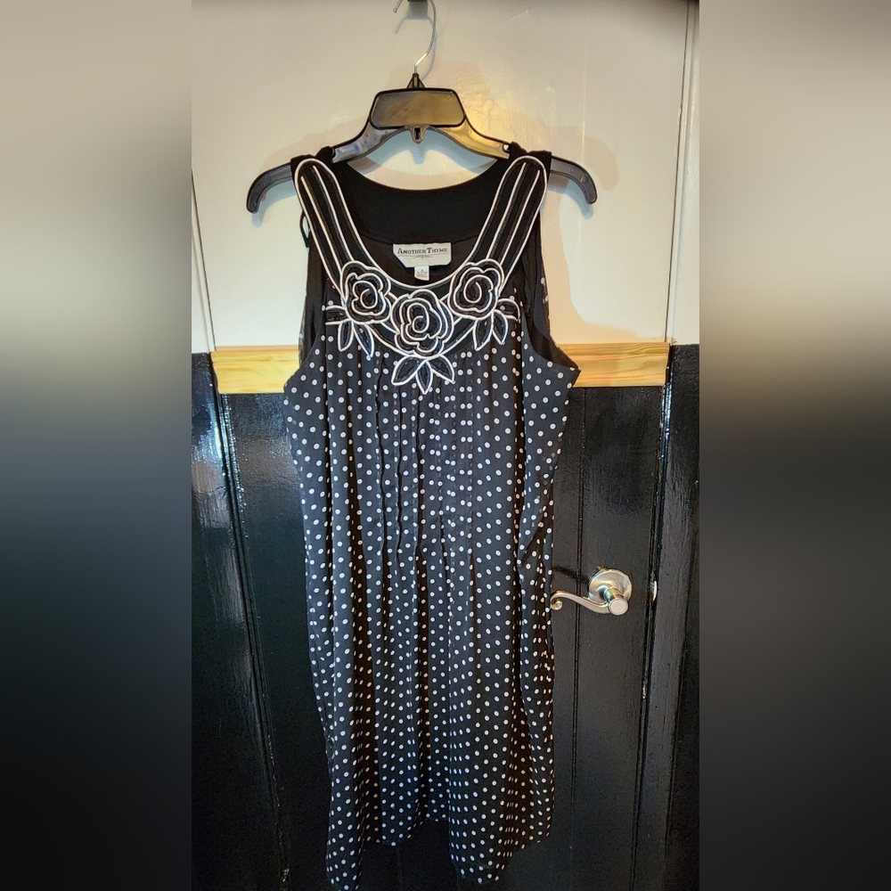 Another Thyme Womens 18 Black Dress with White Polka Dots and Floral Detail